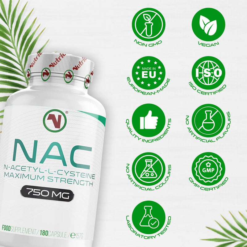 NAC Supplement 750mg | Vegan Capsules | N-Acetyl-Cysteine Amino Acid - High Bioavailability - Providing Non Toxic Stable Form of L-Cysteine - EU Made to ISO and GMP Standards (180) 180 count (Pack of 1)