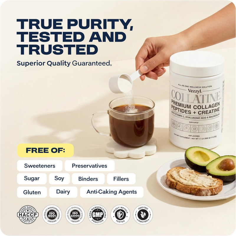 Collatine - Premium Collagen Peptides + Creatine with Vitamin C, Hyaluronic Acid and Magnesium for Skin, Hair, Nails, Bone & Joint, Muscle, Immune and Cognitive Aid (.55 LB (250 G/8.8 OZ) 8.8 Ounce (Pack of 1)