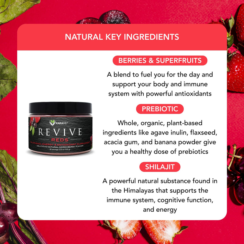 [Australia] - KaraMD Revive Reds - Superfood Powder Supplement for Inflammation & Natural Energy - with Shilajit, Antioxidants & Polyphenols - Mixed Berry Flavor - 30 Concentrated Drink Mix Servings 