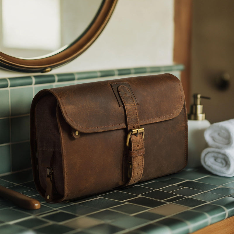 LEATHER VILLAGE Hanging Leather Toiletry Bag for Men, Dopp Kit, Brown | Genuine Buff Leather, 11X7 In Folded & 20X11 In Open, Ykk Zippers, Brass Hook,Water Resistant Canvas Lining, For Men & Women
