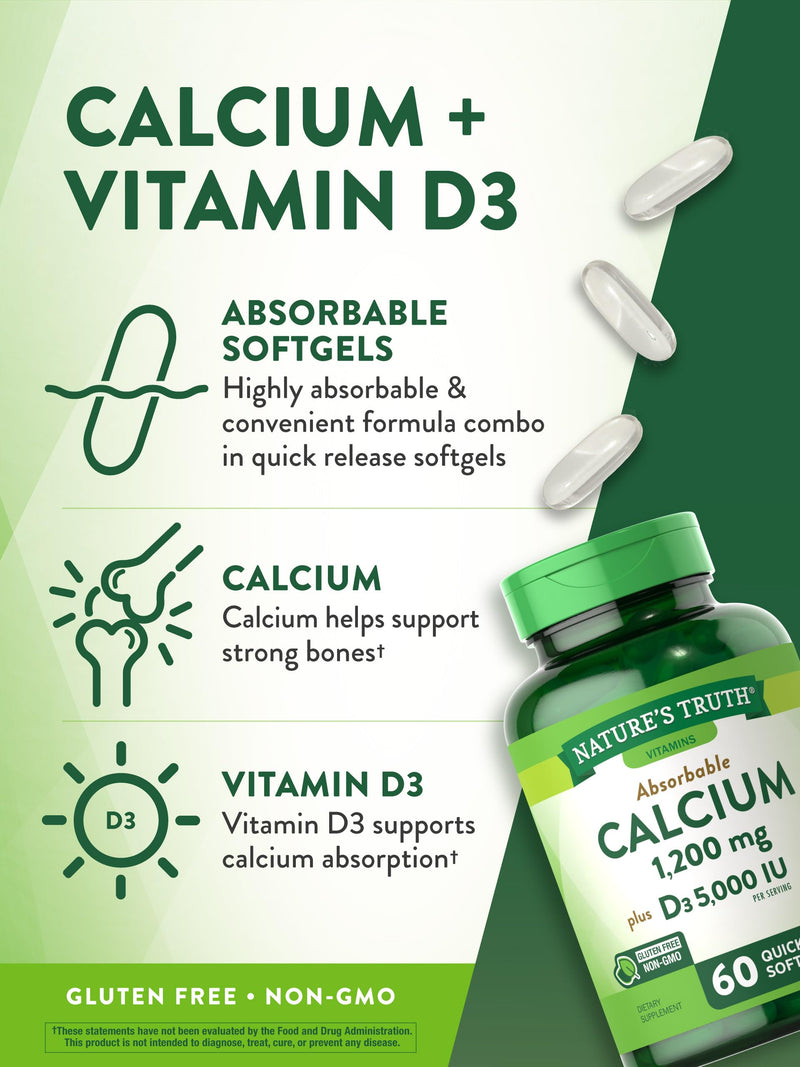 [Australia] - Nature's Truth Calcium 1200mg with Vitamin D3 5000 IU | 60 Softgels | from Calcium Carbonate | Non-GMO & Gluten Free Supplement 