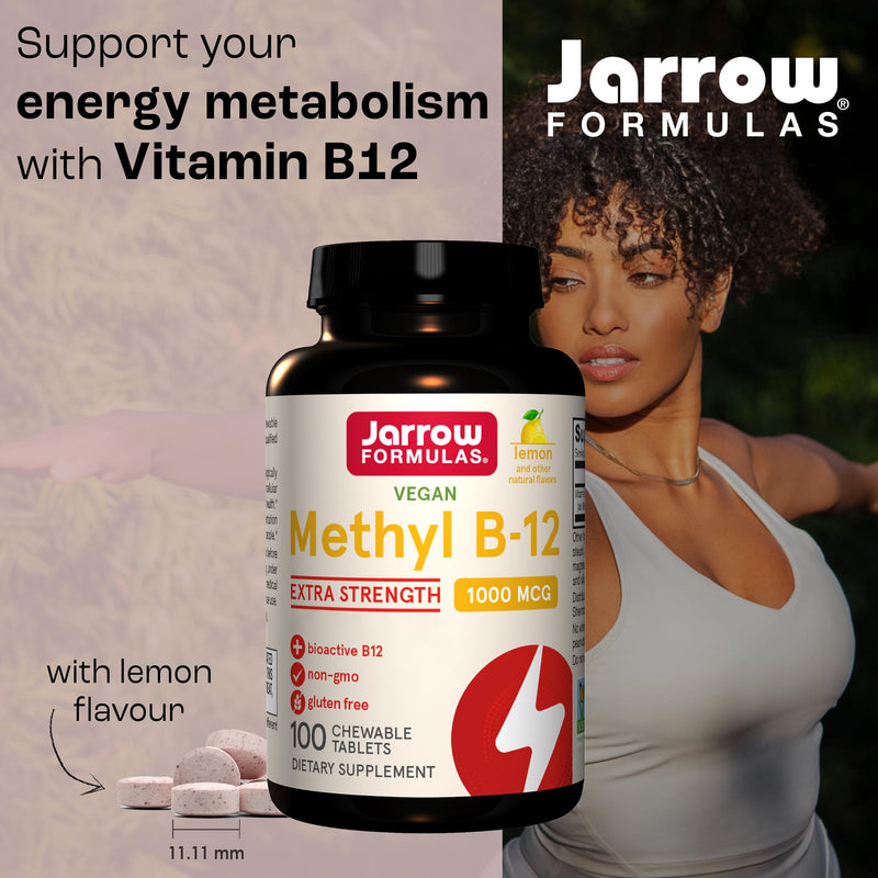 Jarrow Formulas, Methyl B12, 1000mcg, 2 Day Depot, Lemon Flavour, 100 Vegan Chewable Tablets, Gluten Free, Vegetarian, Soy Free, GMO Free, Vitamin B12 Supplement