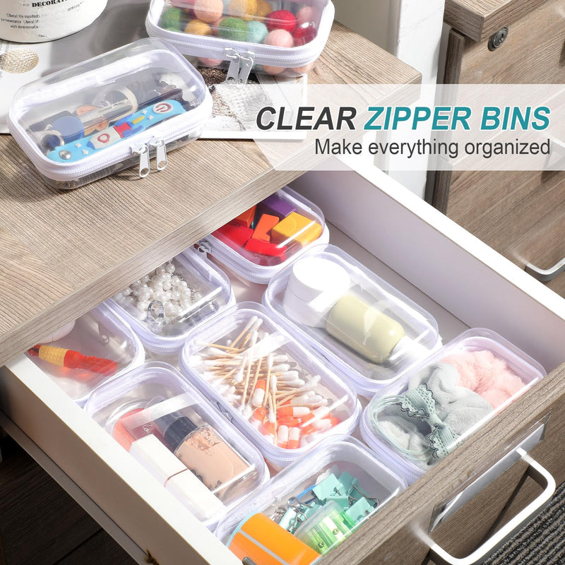 Sanwuta 10 Pcs Clear Hard Zipper Case with Labels,Xs,Clear | Hard Shell Plastic Pouches for Cosmetics Office Travel, Portable Organizer Bins for Makeup Pencils Toys Toiletry Puzzle Item Xs