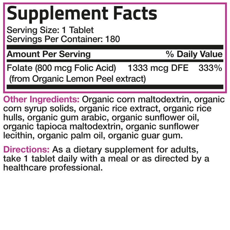 Bronson Folic Acid 800 mcg, USDA Certified Organic, 180 Tablets | From Whole Lemon Peel Extract, Prenatal Development Support, Vegetarian, Non-GMO, Gluten-Free & Soy-Free Unflavored 180 Count (Pack of 1)