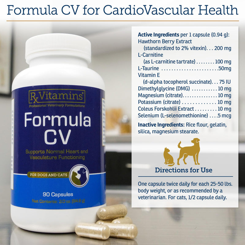 Rx Vitamins Formula CV - Hawthorn Berry Capsules with Taurine - 90ct | Heart Health Supplements Enhanced with Magnesium and Potassium - Senior Dog Vitamins and Senior Cat Vitamins New Label