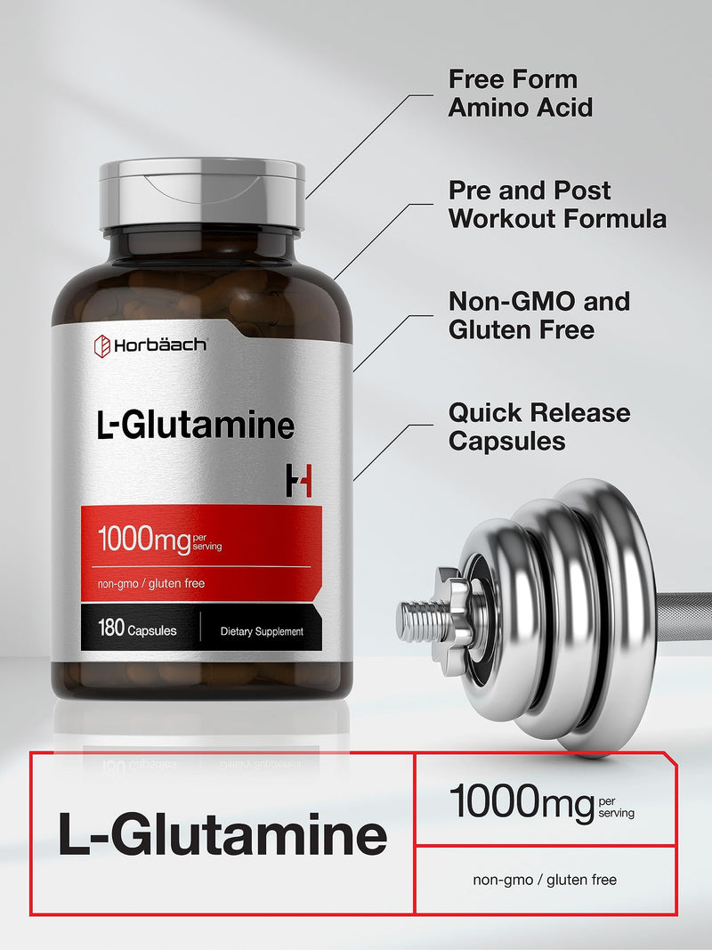 Horbäach L Glutamine Capsules | 1000mg | 180 Count | Pre and Post Workout | Non-GMO, Gluten Free Supplement