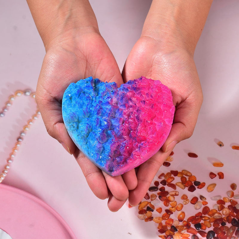 JIC Gem Big Titanium Coated Heart Shape Crystal Cluster Geode Red Blue Crystal Cluster Rock Geode Heart Gemstones with Stand Energy Balance Reiki Wicca Decor 3.93-4.33 inch