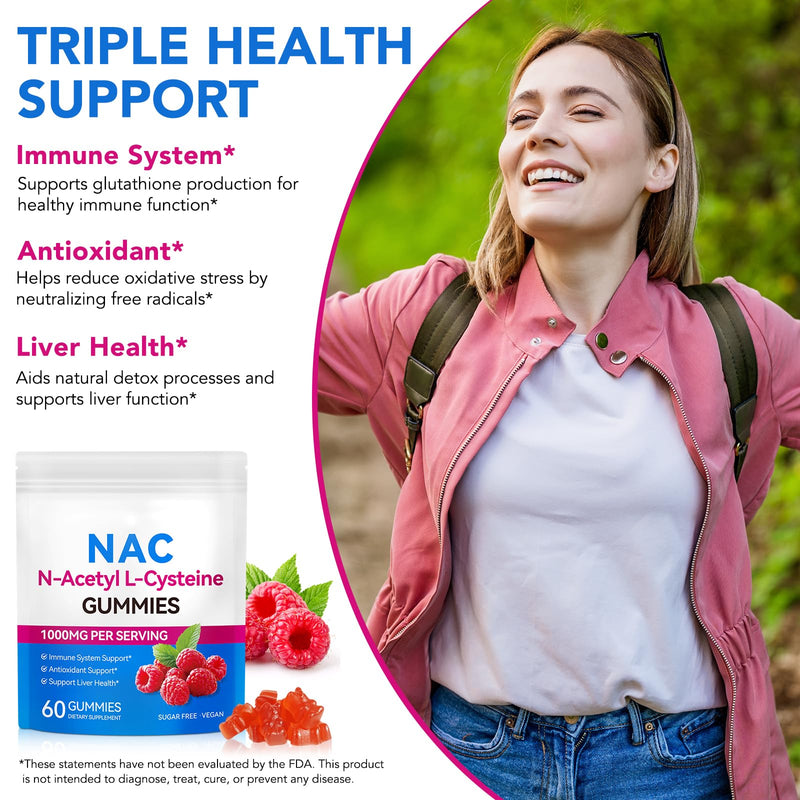 NAC N-Acetyl-Cysteine 1000mg Gummies, 60 Count | 30 Days Supply, Vegan N-Acetyl L-Cysteine Nutritional Supplements - Nac Supplement High Bioavailability Amino Acid for Skin & Hair