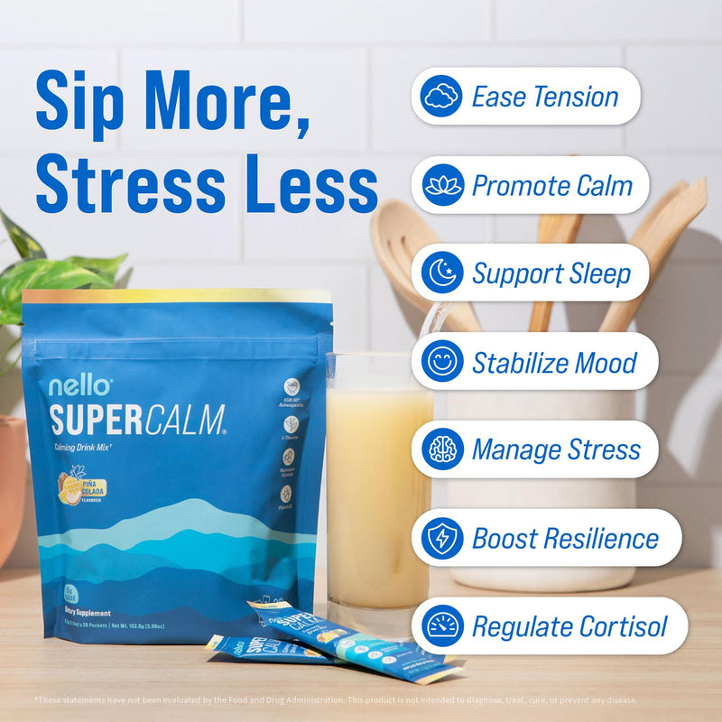 Nello Supercalm Powdered Drink Mix, Cortisol Reducer* and Sleep Aid Supplement, L Theanine, Ksm-66 Ashwagandha, Magnesium Glycinate, Vitamin D 3, No Sugar, Non GMO, On The Go, 20 Ct, Pina Colada 20 Servings (Pack of 1)