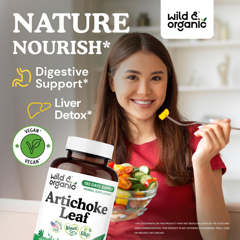 [Australia] - Wild & Organic Artichoke Extract Capsules 500 mg - Liver & Digestive Support - Artichoke Supplement - Cynara Scolymus Leaf Powder - Vegan, No Fillers, Non-GMO - 180 Count 