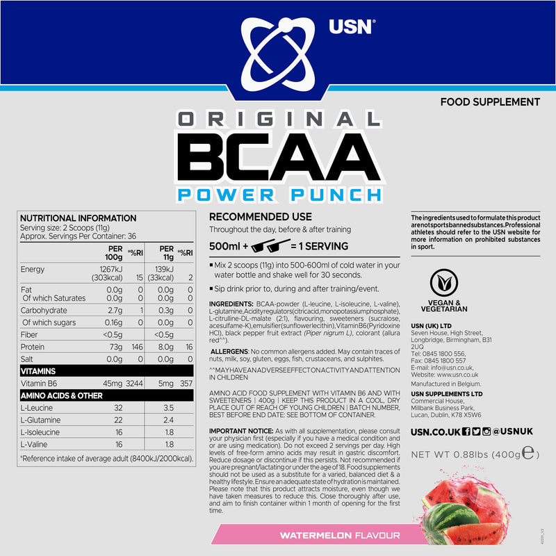 USN Power Punch BCAA Amino Acids Powder, Watermelon Flavour - 400g, Vegan BCAA Powder, Vitamin B6 & No Sugar, Pre Workout or Intra Workout Energy Drink Mix & Dietary Supplement to Maximise Performance 36 Servings (400 g, Pack of 1)