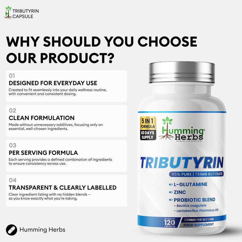 Humming Herbs Tributyrin Complex – 120 Vegan Capsules (60 Days) | 95% Pure Tributyrin, L-Glutamine, Zinc (as Zinc-L-Carnosine), Prebiotic FOS & Probiotic Blend