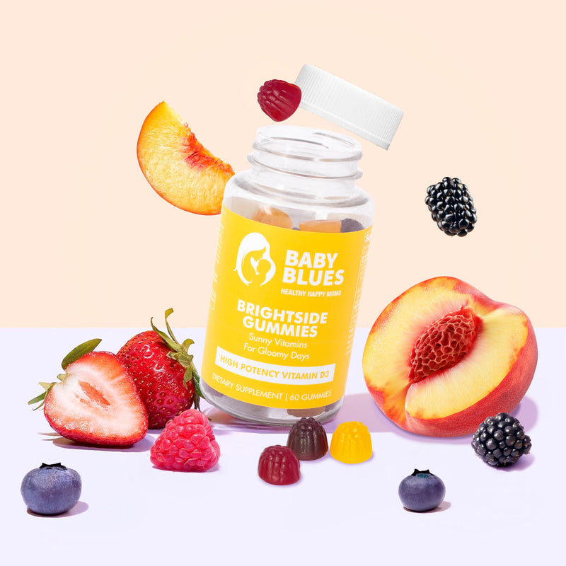 Baby Blues Brightside Mood Support Gummies for New Moms, Vitamin D3 2000 IU, Sunshine Vitamin for Postpartum Mood, Energy + Immune Support, Peach Mango Strawberry, 60 Count