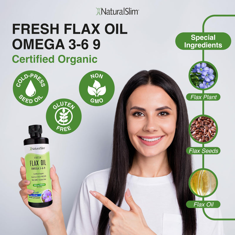 [Australia] - NaturalSlim Flax Oil - Flaxseed Oil Liquid Supplement with Omega 3 6 9 - Cold-Pressed Certified Organic Flax Seed Oil for Hair, Skin, Nails, Healthy Cells & Vegetable Oil for Cooking - 16 fl. Oz. 