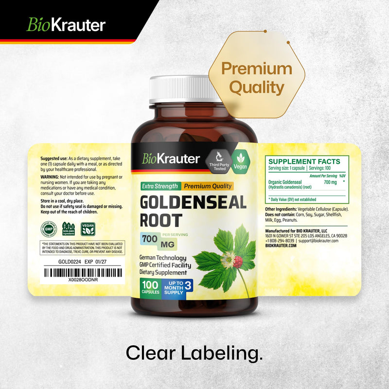 [Australia] - Goldenseal Root Supplement - Organic Goldenseal Capsules 700 mg - Traditional Herbal Supplement - 100 Vegan Pills 
