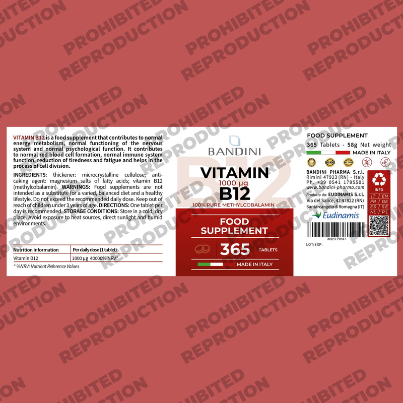 Bandini® Vitamin B12 High Strength | 365 Vegan Tablets for 1 Year's Supply | 1000 µg/mcg Methylcobalamin VIT B 12 | Energy Boost, Tiredness, Fatigue, Immunity Support | Non GMO, Laboratory Tested 400 count (Pack of 1)