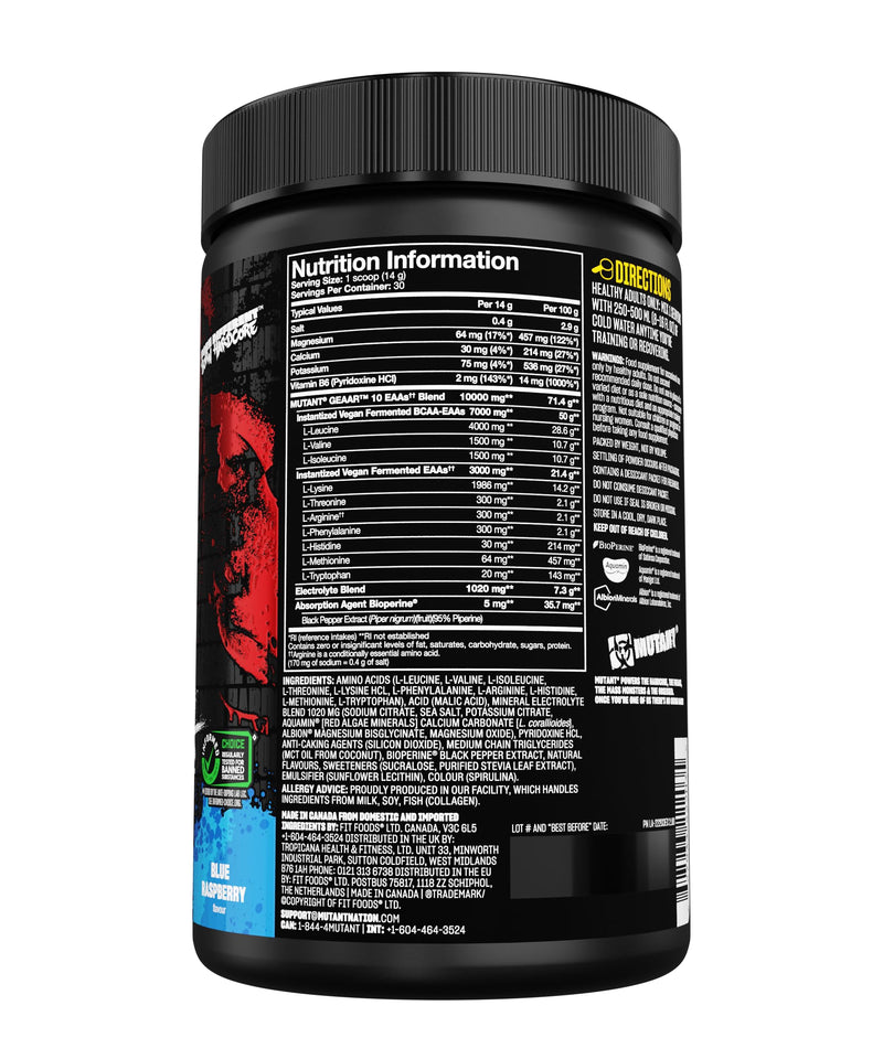 MUTANT GEAAR | 9.4g of EAA Powder + Arginine, 7g BCAAs, 4g Leucine, Electrolytes, Coconut Water, No Artificial Colours or Flavours | 30 Servings | Blue Raspberry