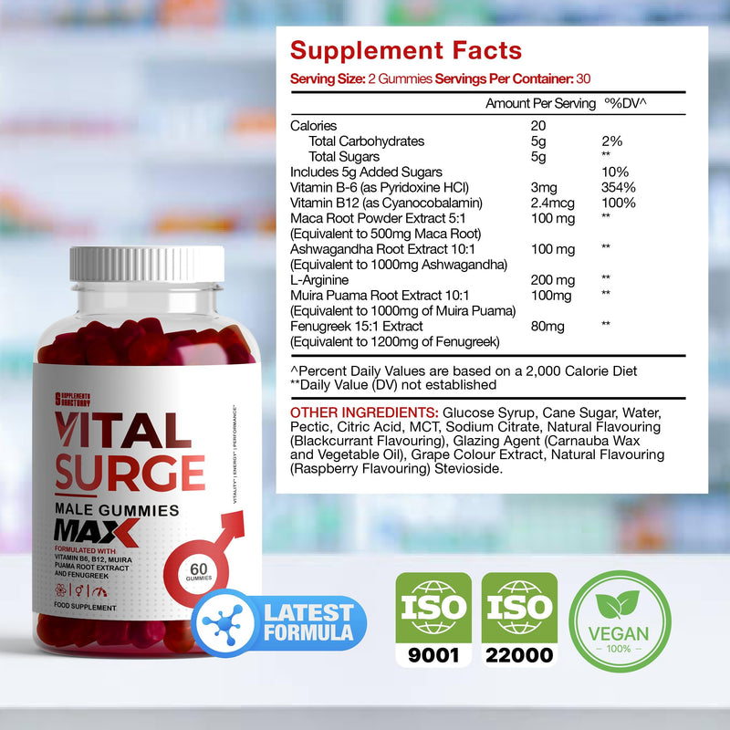 Vital Surge MAX Male Gummies, Maxed Out with Muira Puama and Fenugreek Plus Ashwagandha and Maca, Pack of 60