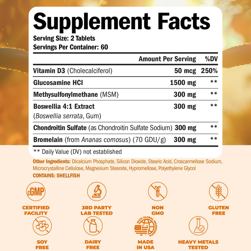 [Australia] - Glucosamine Chondroitin with Vitamin D, Boswellia, Bromelain - Joint Supplement for Women & Men ‚Äì Supports Bone Health, Mobility & Comfort - Joint Support Supplement with Vit D - FSA Eligible 120 Tabs 120 Count (Pack of 1) 