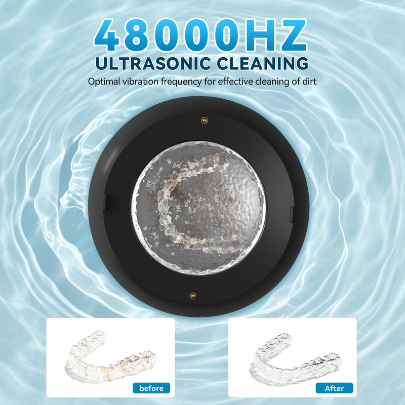[Australia] - KUNPHY Ultrasonic Retainer Cleaner, 48kHz Denture Cleaner Machine with Cleaning Tablets, Water-Proof Dental Cleaning Pod for Deep Cleaning Night Guard, Mouth Guard, Aligner, Jewelry, Black 
