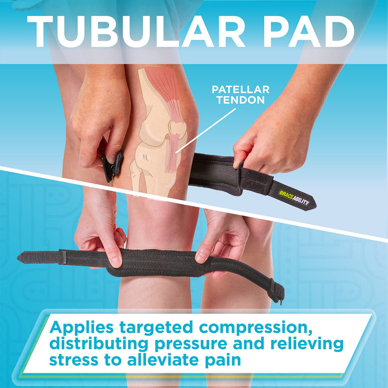 BraceAbility Kids Knee Band - Youth Patellar Tendon Support Strap Child Osgood Schlatter Brace for Jumpers Knee, Patella Tendonitis, Sports Wrap for Running, Soccer, Volleyball, Basketball (M) Medium