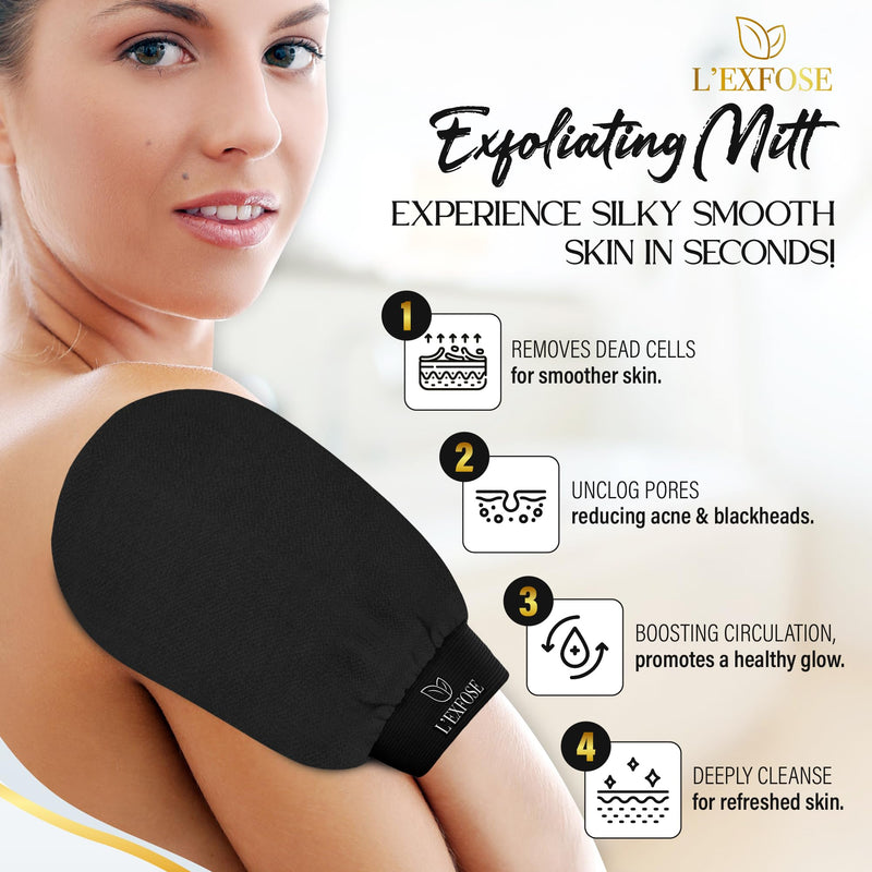 [Australia] - L'Exfose Kessa Hammam Deep Exfoliating Glove 2pc - Korean Exfoliating Mitt for Shower Ideal for Dead Skin Remover, Keratosis Pilaris & Self-Tanning to Improve Skin Tone Made with 100% Natural Viscose Salmon & Black 