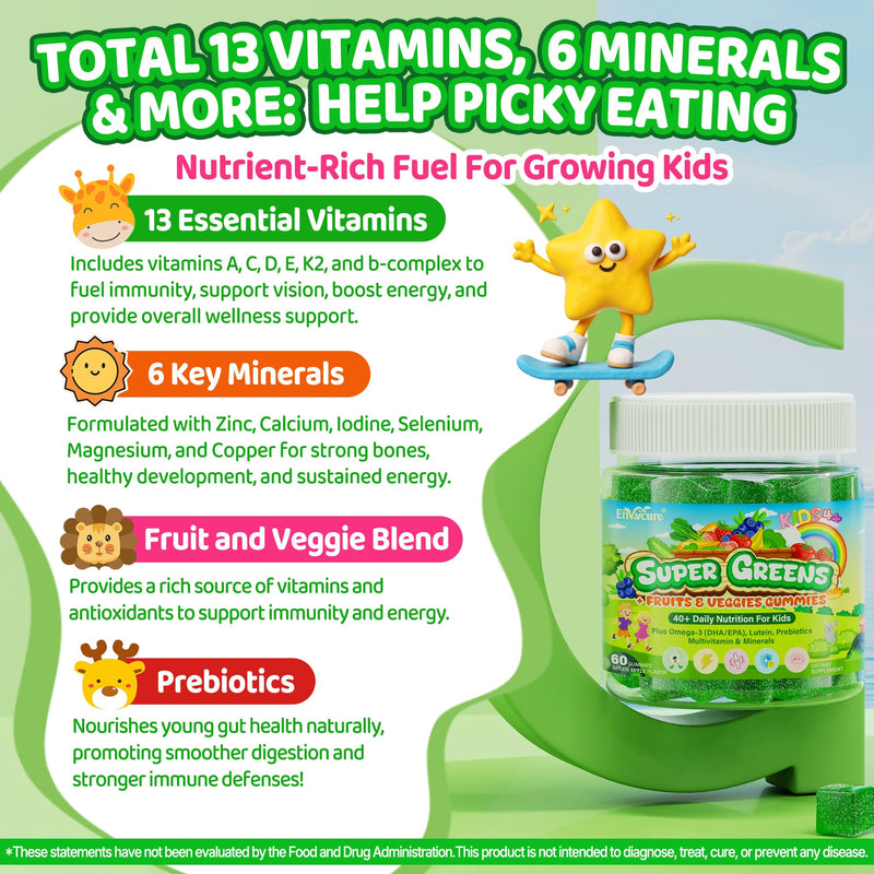 Kids Super Greens Gummies, w/Multivitamins, 20+ Veggie Fruit, Prebiotics | Kids Vitamins Greens Superfood Gummies + Calcium, Omega-3 (DHA/EPA)，for Picky Eater Growth, Energy, Immune, Digestion, 1 Pack 60 Count (Pack of 1)