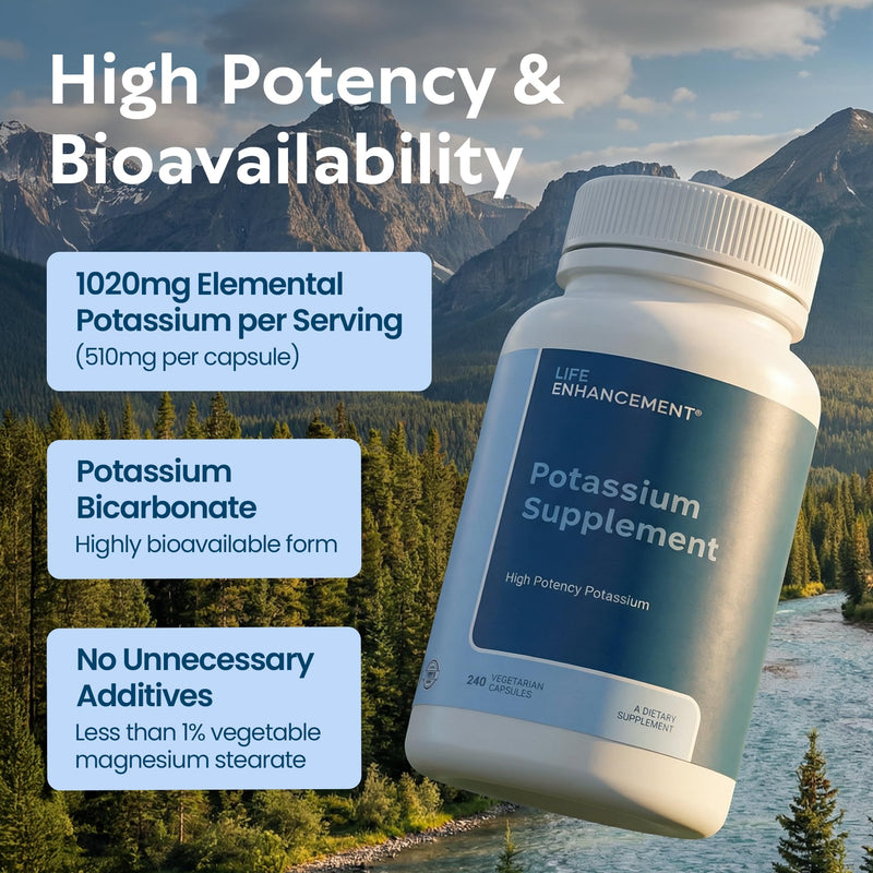 Life Enhancement High Potency 1020 mg Potassium Supplement for Muscle, Brain & Bone Health - No Additives High Absorption Elemental Potassium Supplement, Made in USA (240 Capsules – 120 Servings) 240 Capsules