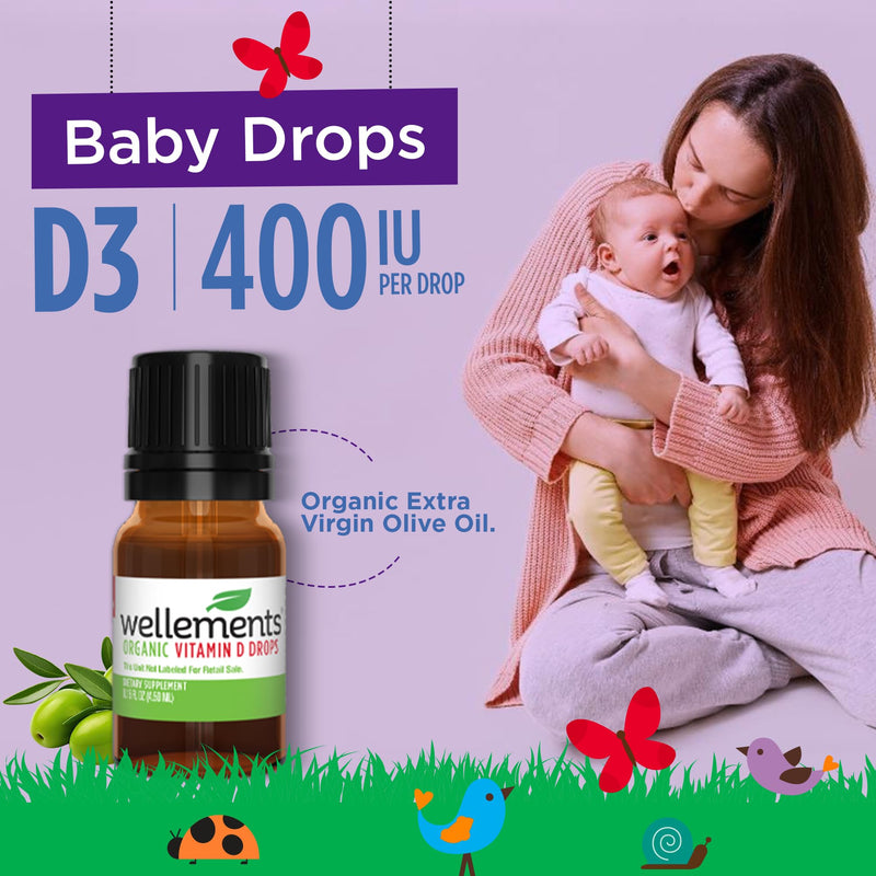 [Australia] - Wellements Baby Organic Vitamin D Drops for Infants & Toddlers (90-Day Supply) - Certified Newborn+ Liquid Vitamin D3 Drops, Support Healthy Growth & Bone Development 400 IU per Drop (1 Drop Daily) 