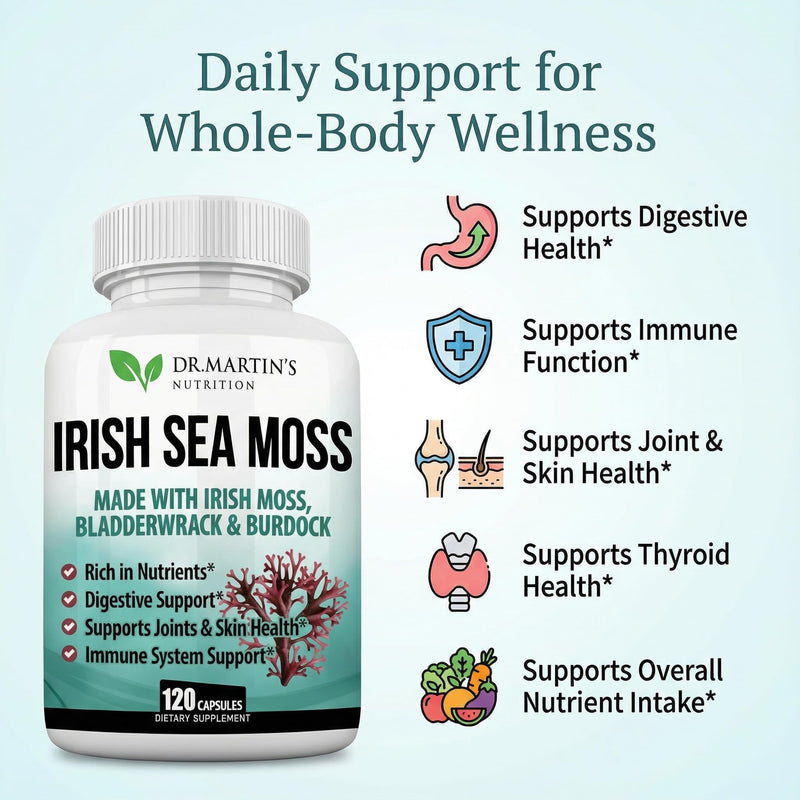 Irish Sea Moss Capsules 120 Count - Bladderwrack & Burdock Root | Dr Martins Sea Moss Supplement 2625mg, 92 Vitamins & Minerals, Immune, Gut, Thyroid & Energy Support Superfood
