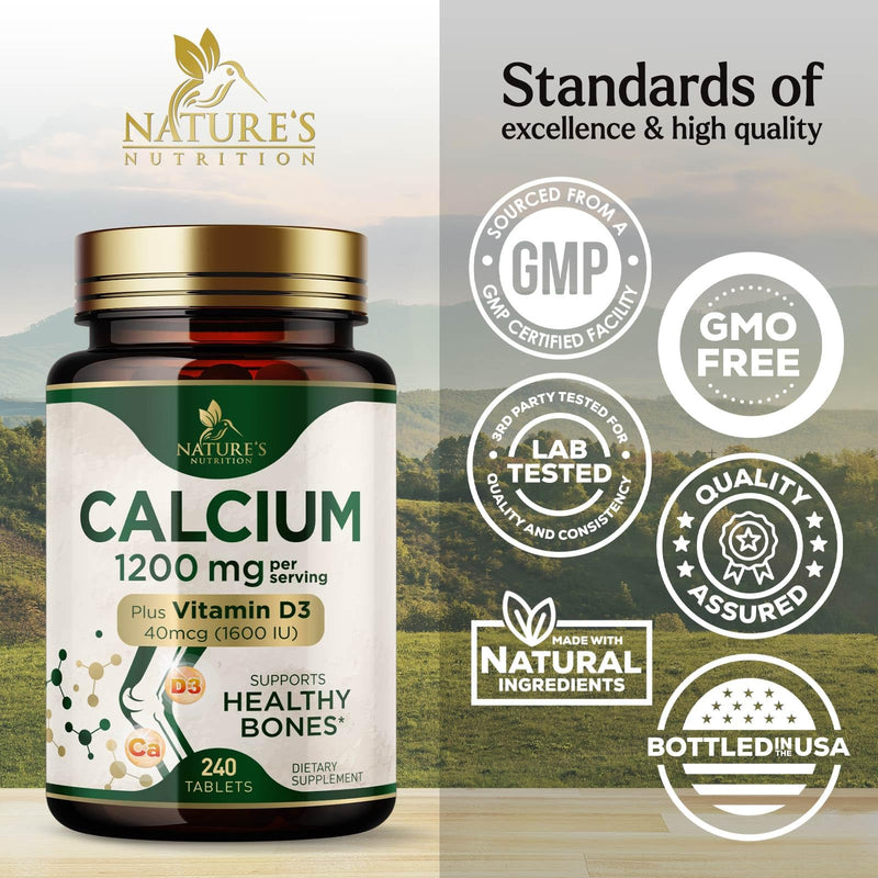 [Australia] - Calcium 1200 mg with Vitamin D3, Calcium Supplement Vitamins, Supports Bone Strength, Teeth & Immune System, Calcium Supplements for Women & Men, Nature's Absorbable Calcium Carbonate - 240 Tablets 240 Count (Pack of 1) 