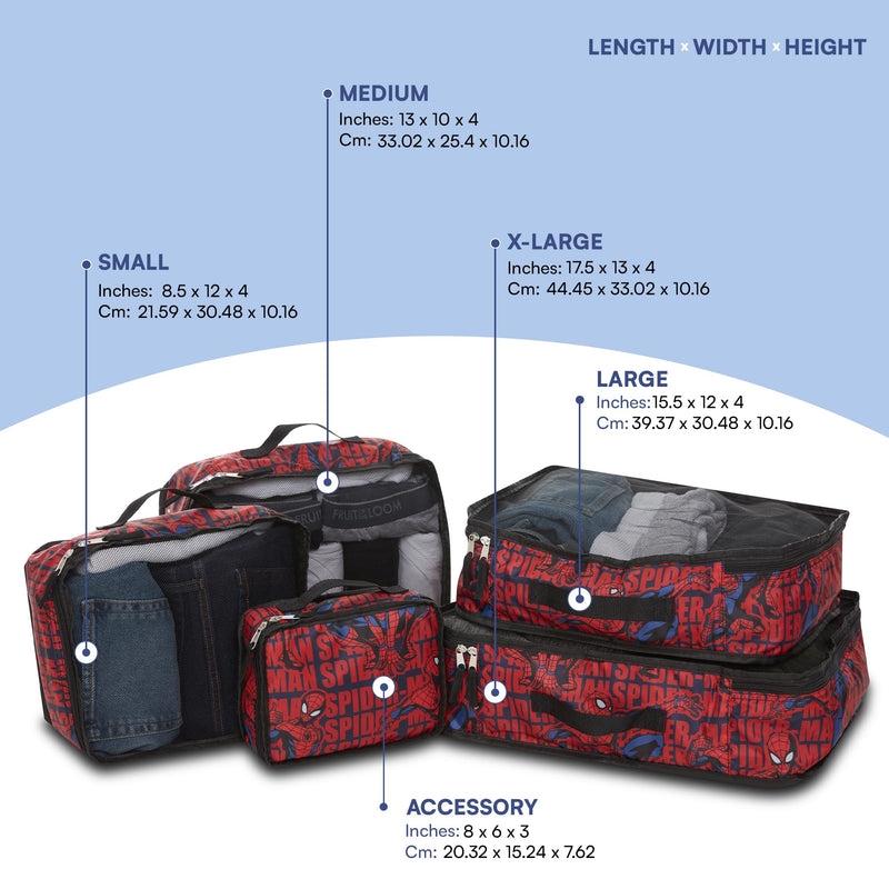 Marvel Spiderman 5-Piece Packing Cube Set - Spiderman, Ironman, Captain America - 5 Piece Packing Cubes Compression Travel Essential Accessories - Luggage Suitcase Organizer Set - For Kids, Adults Black