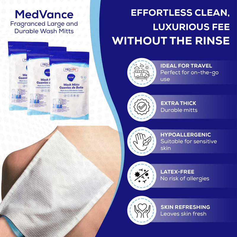 [Australia] - MedVance Fragranced Large and Durable Wash Mitts | Rinse Free Microwaveable Adult Bed Bath Durable Skin Cleansing Cloths | Wet Wash Gloves | Incontinence Wash Cloths | 24 Count 