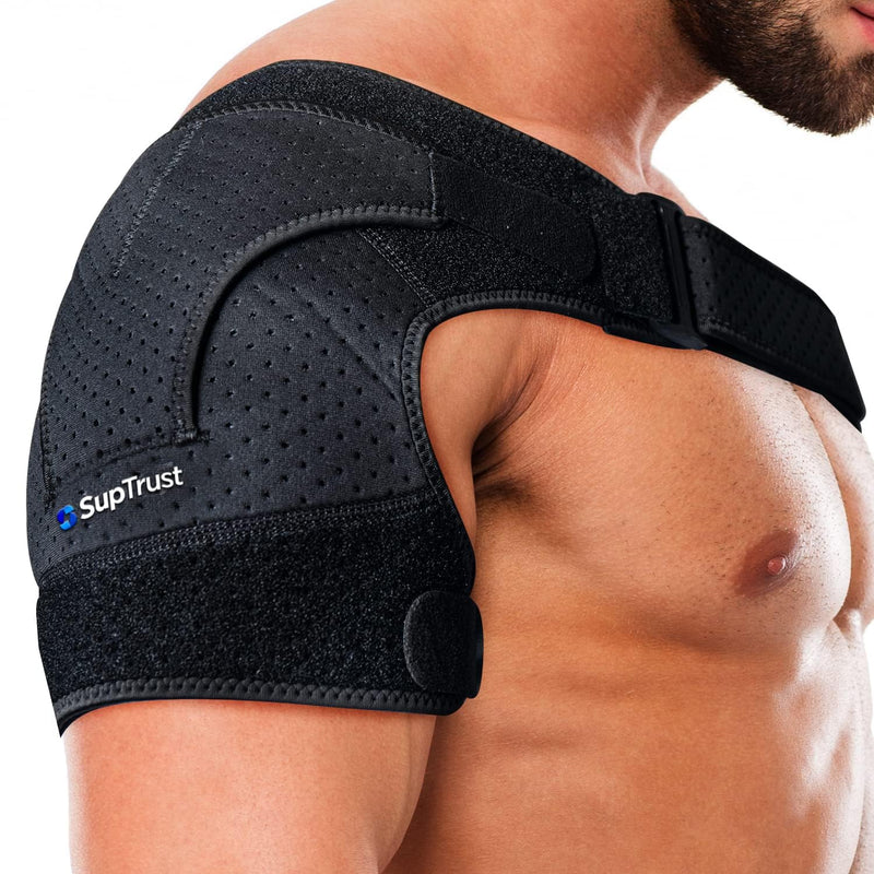 Suptrust Shoulder Brace for Men and Women: Adjustable Shoulder Wrap for Pain Relief, AC Joint, Torn Rotator Cuff, Injuries, Tendonitis - One Size Regular/Dark Black