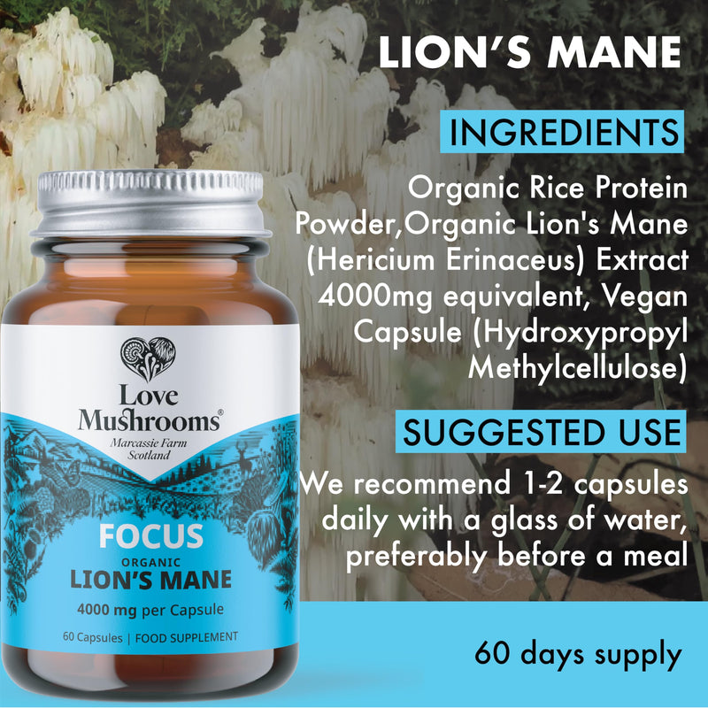Organic Lion’s Mane Capsules 4,000mg per Serving | High Strength Mushroom Extract for Memory, Focus & Cognitive Support | Vegan, Plant Based Food Supplement, UK Made | 60 Capsules 60 count (Pack of 1)