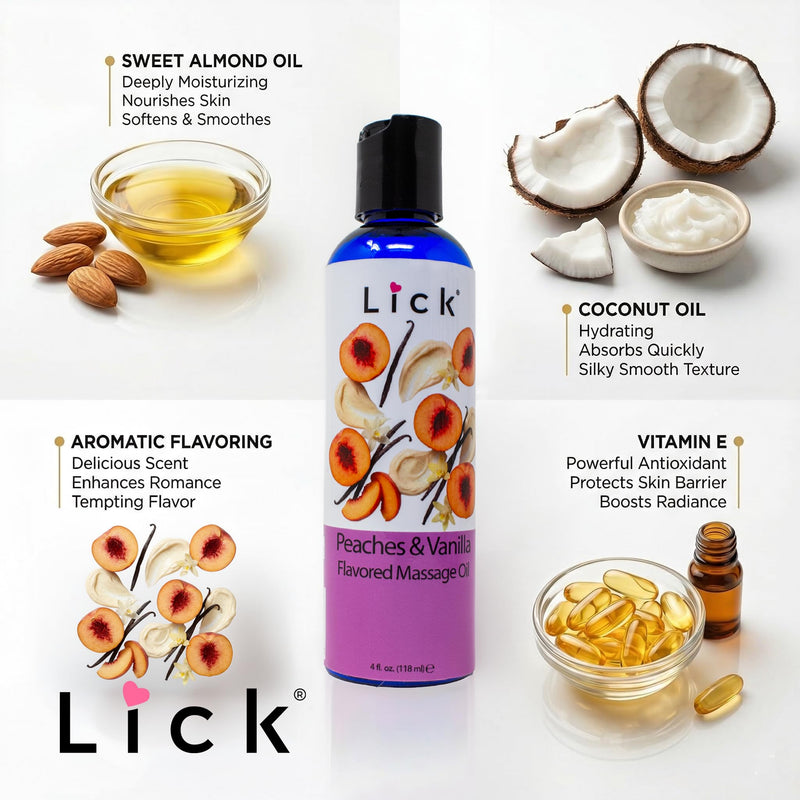 Peaches and Vanilla Flavored Massage Oil – Tropical Edible Massage Oil with Sweet Almond Oil & Vitamin E, Hydrating Body-Safe Formula for Relaxing Couples Massage, 4 oz