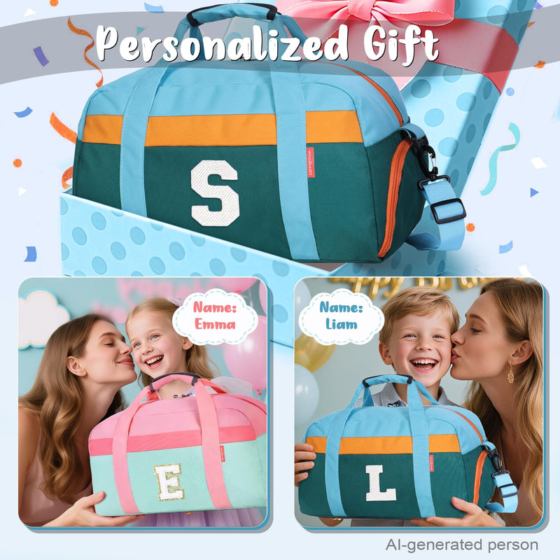 Initial Kids Duffle Bag for Boys or Girls, Kids Overnight Bag with Shoe Compartment, Personalized Weekender bags, Birthday Gifts for Women Boys Girls(Green Blue-Letter K) Green Blue