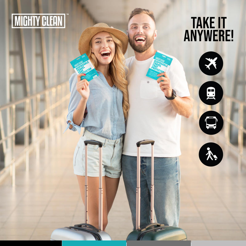 [Australia] - 15 Disposable Travel Tray Protectors by Mighty Clean │ Airplane Travel Essentials for Toddler, Kids, and Adults │ Must Have for Flying │ Provides a Clean Surface and Entertainment │ 15 Pack 