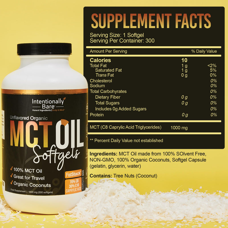 [Australia] - Intentionally Bare Organic MCT Oil Capsules - 70% C8 MCT Oil & 30% C10 MCT Capsules Unflavored for Keto Low Carb and Paleo Diet - Coconut C8 & C10 for Energy Mood & Focus - Non-GMO 300 Soft Gels 