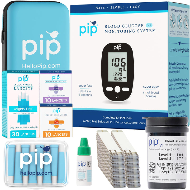 Pip Blood Glucose Monitor Kit - Preloaded Lancets, No Lancing Device Needed - Virtually Painless Fingersticks - Includes Glucometer, 50 Blood Sugar Test Strips, 50 All-in-One Lancets, Travel Case 50ct Kit