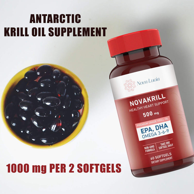 [Australia] - Natural Krill Oil Omega 3 6 9 Supplement, Burpless 60 Red Liquid Softgels, Rich in EPA, DHA, Astaxanthin, No Fishy Aftertaste, 1000mg per 2 Softgels 