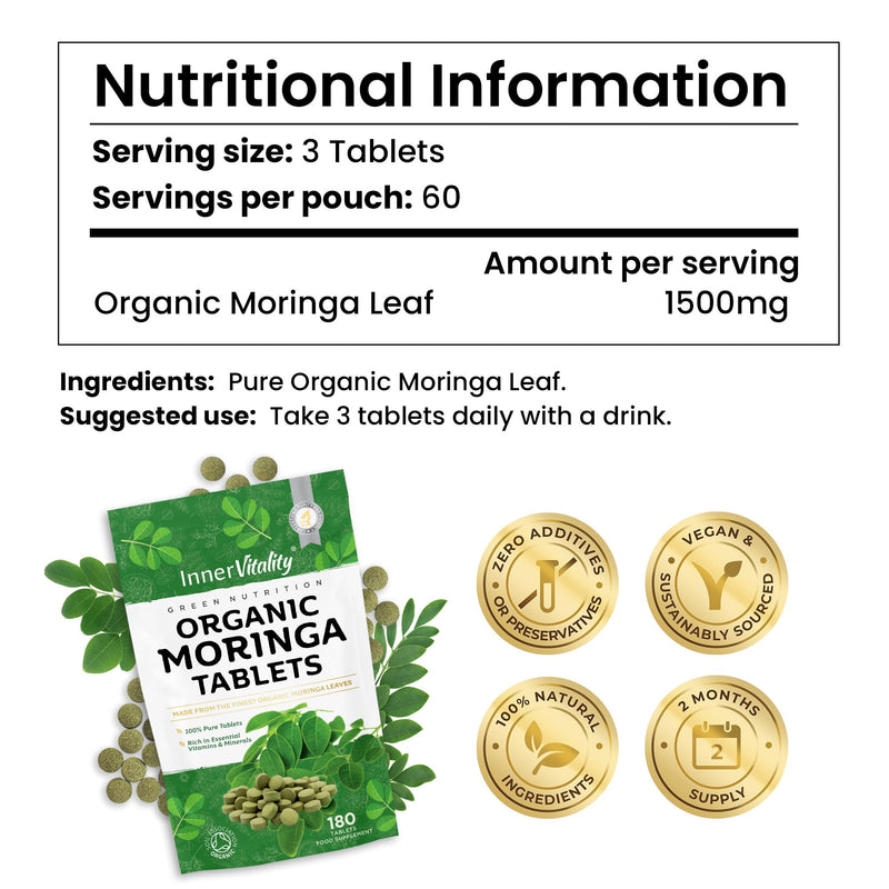 Pure Organic Moringa Tablets 180, Award Winning Natural Moringa 2-Month Supply, Easier to Swallow Than Moringa Capsules & Powder, Rich in Essential Vitamins & Minerals by Inner Vitality