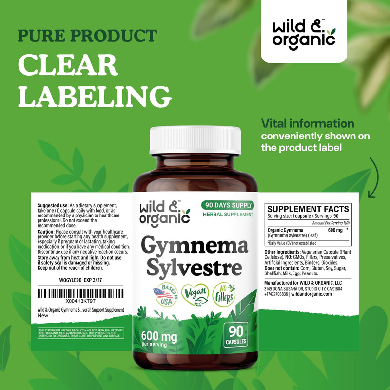 [Australia] - Wild & Organic Gymnema Sylvestre Capsules 600 mg - Overall Support - Gymnema Sylvestre Supplements - Gurmar Leaf Powder - 90 Days of Supply - Vegan, No Fillers, Non-GMO - 90 Count 