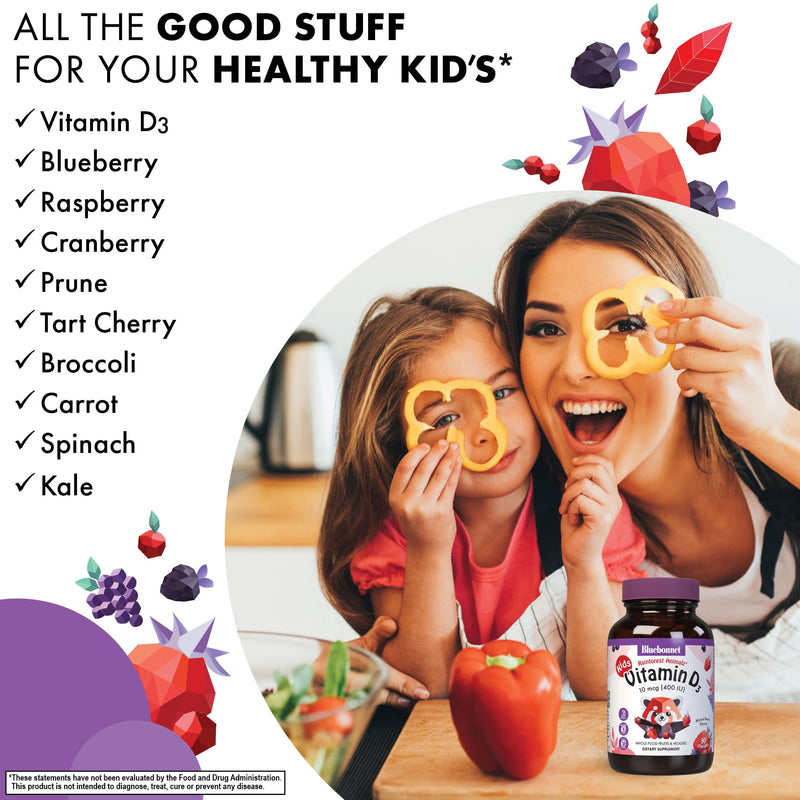 Bluebonnet Nutrition Rainforest Animalz Vitamin D3 400 IU Chewable Tablet, Soy, Dairy & Gluten-Free, Non-GMO, Kosher Certified, Vegetarian Friendly, Natural Mixed Berry Flavor, 90 Count | Non-GMO, Vegetarian, Kosher Certified, Gluten-Free