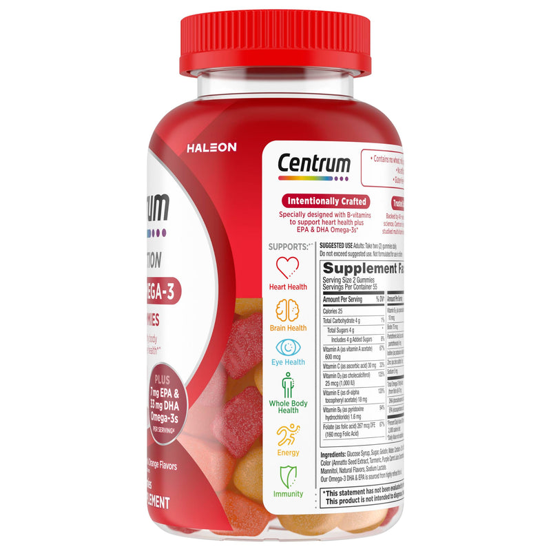 Centrum MultiGummies Multi+ Omega 3, Assorted Fruit Flavors, 110 Count | Supports Heart Health, Normal Brain Function, Eye Health, Daily Energy Needs and Normal Immune Function, GLP-1 Support New 110 Count (Pack of 1)