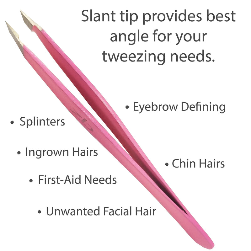 Tweezers – Surgical Grade Stainless Steel - Slant Tip for Expert Eyebrow Shaping and Facial Hair Removal – with Protective Pouch (Bubblegum Pink) Bubblegum Pink