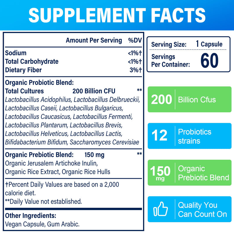 200 Billion Cfus 12 Strains Probiotic, with 3 Organic Prebiotics, Probiotics for Women Men, Daily Supplement for Immune, Gut, Digestive Health, Shelf Stable, Non GMO, 240 Caps (240-Days Supply) 60 Count (Pack of 4)