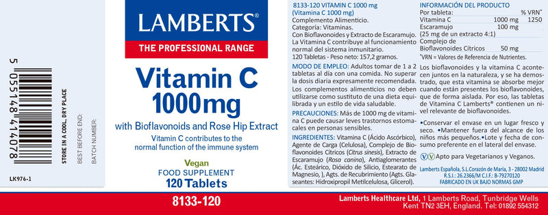 Lamberts Vitamin C 1000mg – with 150mg Bioflavonoids & 100mg Rose HIPS – Immune Support – 120 Tablets