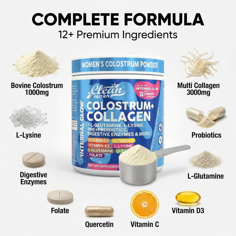 Bovine Colostrum Powder + Collagen Peptides with L-Glutamine L-Lysine Prebiotics Probiotics Digestive Enzymes Vitamin D K2 C Quercetin & Folate | Gut Health Supplement Internal Glow By Clean Nutra 1