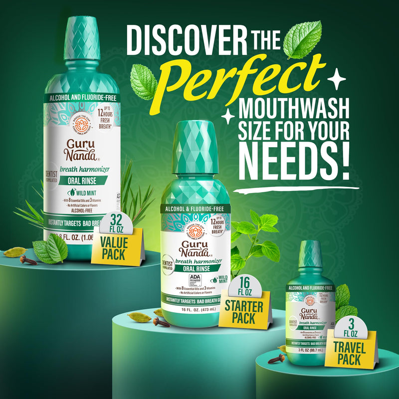 [Australia] - GuruNanda Fresh Breath Mouthwash, ADA-Accepted, Alcohol & Fluoride-Free, Sodium Chlorite, Essential Oils & Vitamins, 12-Hrs Fresh Breath, Wild Mint, 16 oz 16 Fl Oz (Pack of 1) 